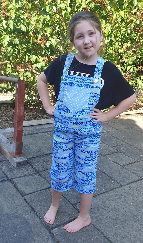 Kids dungarees made using 'I Dig Dungarees' pattern by Jacks Mum using Snoopy fabric.